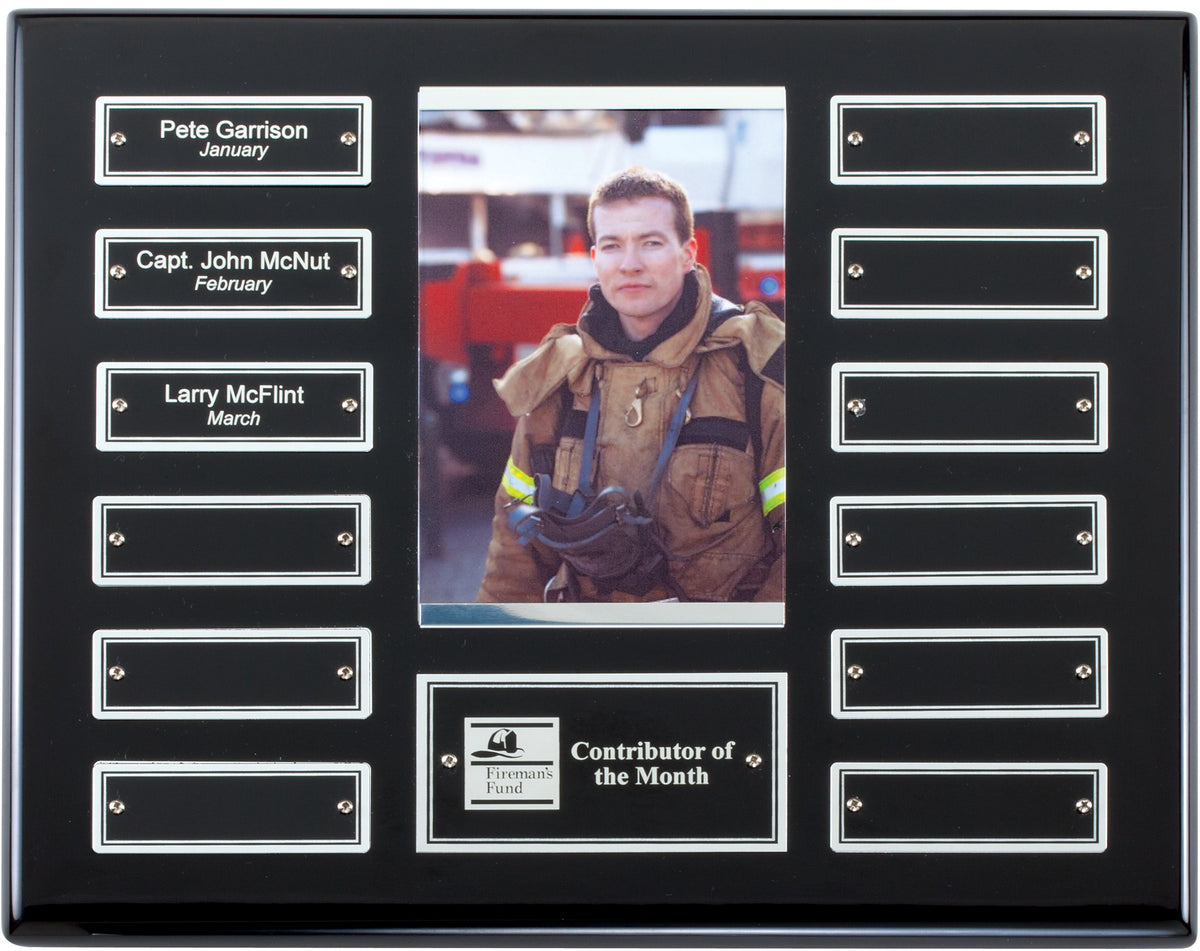 Ebony photo perpetual plaque with silver name plates and a photo window