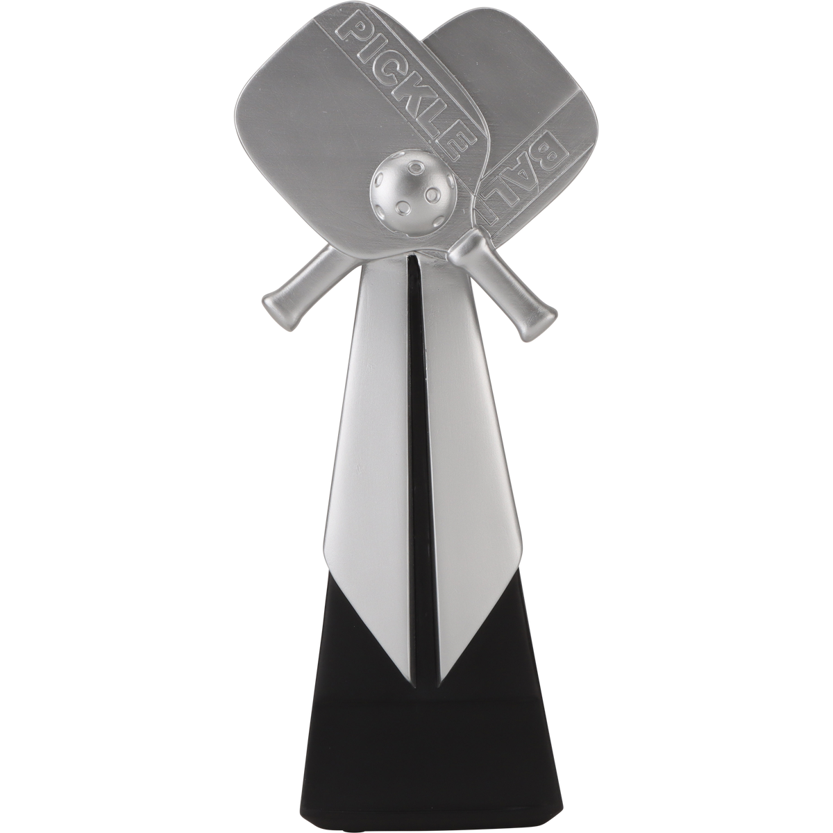 Pickleball Aspire trophy with silver crossed paddles and ball on a silver and black tower base