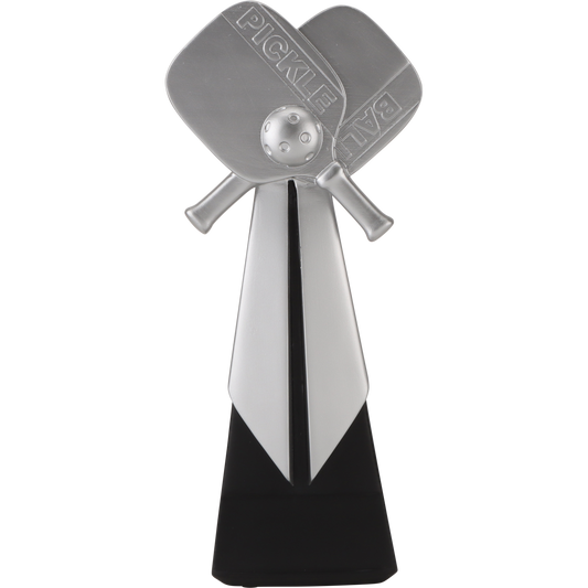 Pickleball Aspire trophy with silver crossed paddles and ball on a silver and black tower base
