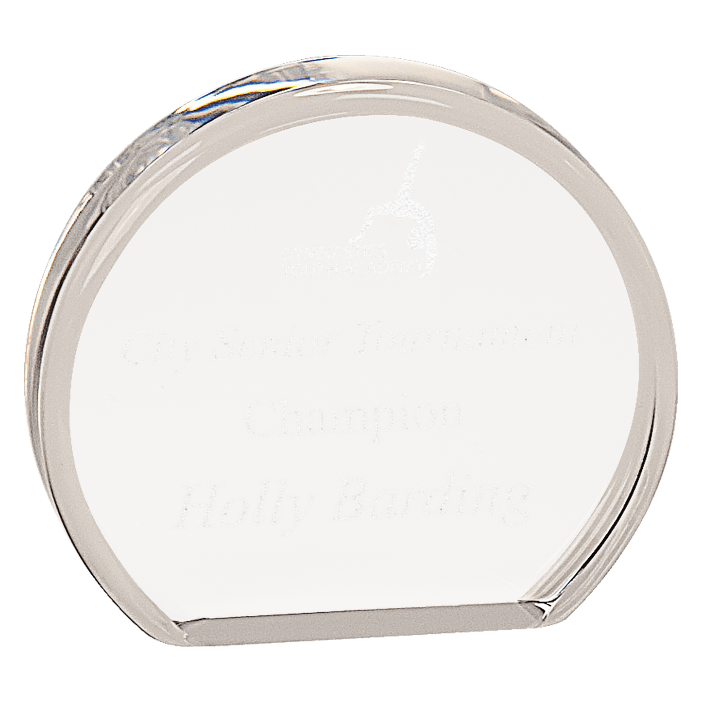 Clear Beveled Round Acrylic award, 4" x 3 1/2", self-standing acrylic with clear engraving area