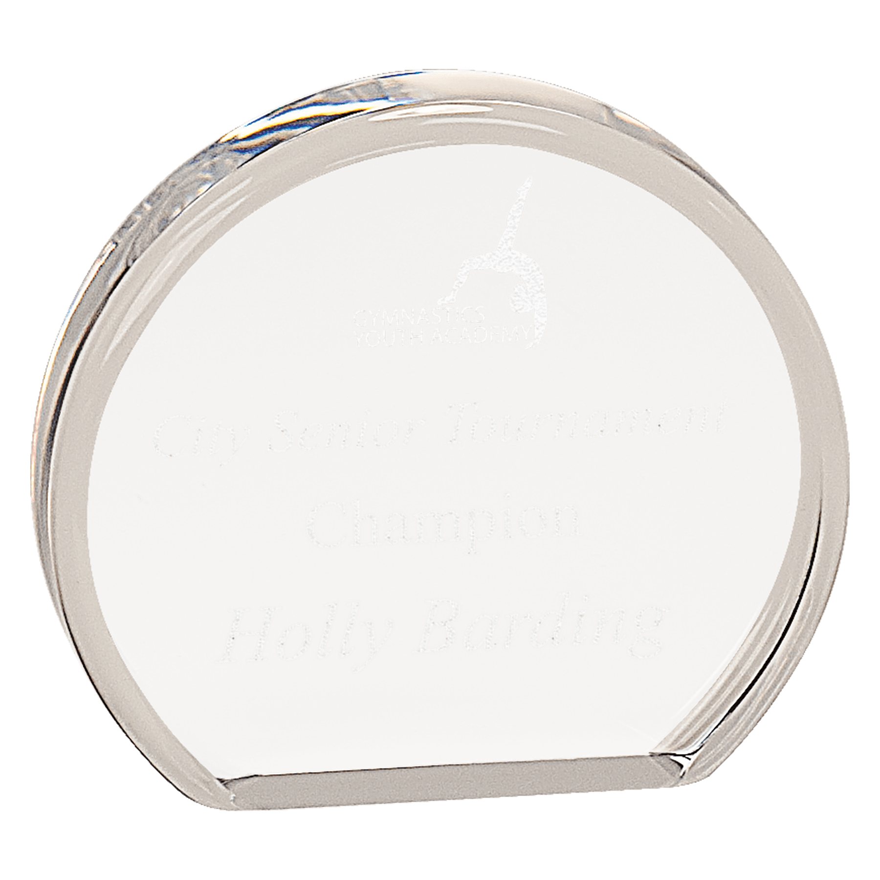 Clear Beveled Round Acrylic award, 4" x 3 1/2", self-standing acrylic with clear engraving area