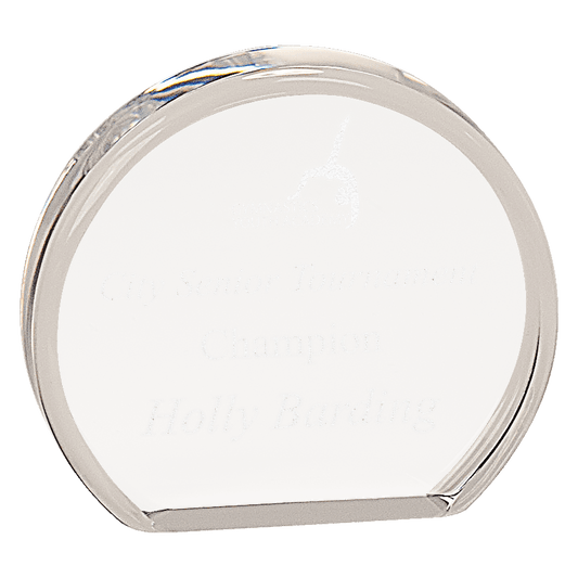 Clear Beveled Round Acrylic award, 4" x 3 1/2", self-standing acrylic with clear engraving area