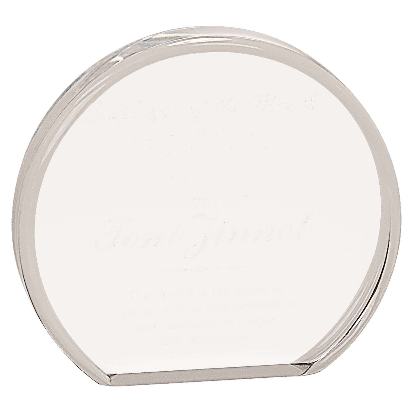 Clear Beveled Round Acrylic award, 5" x 4 1/2", self-standing acrylic with clear engraving area