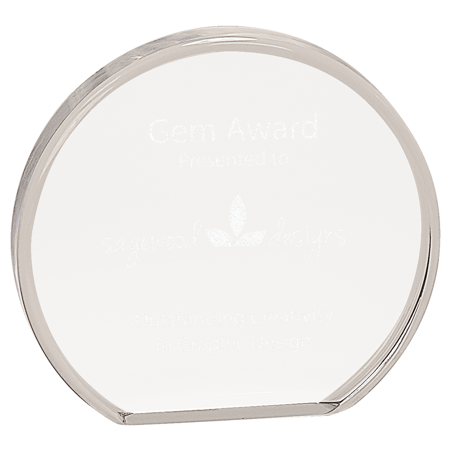 Clear Beveled Round Acrylic award, 6" x 5 1/2", self-standing acrylic with clear engraving area