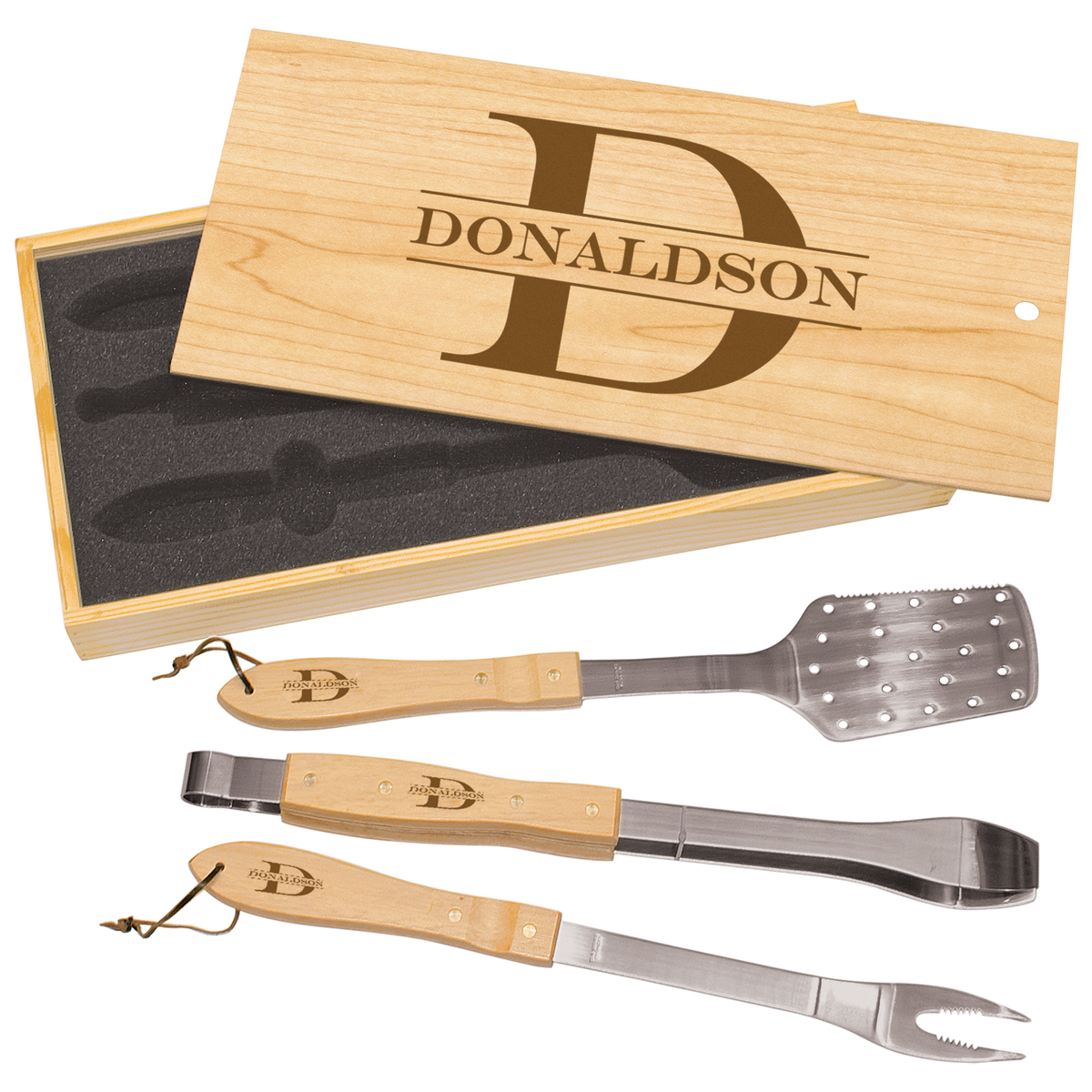 Personalized BBQ gift set with stainless steel tools and oak handles in wood box