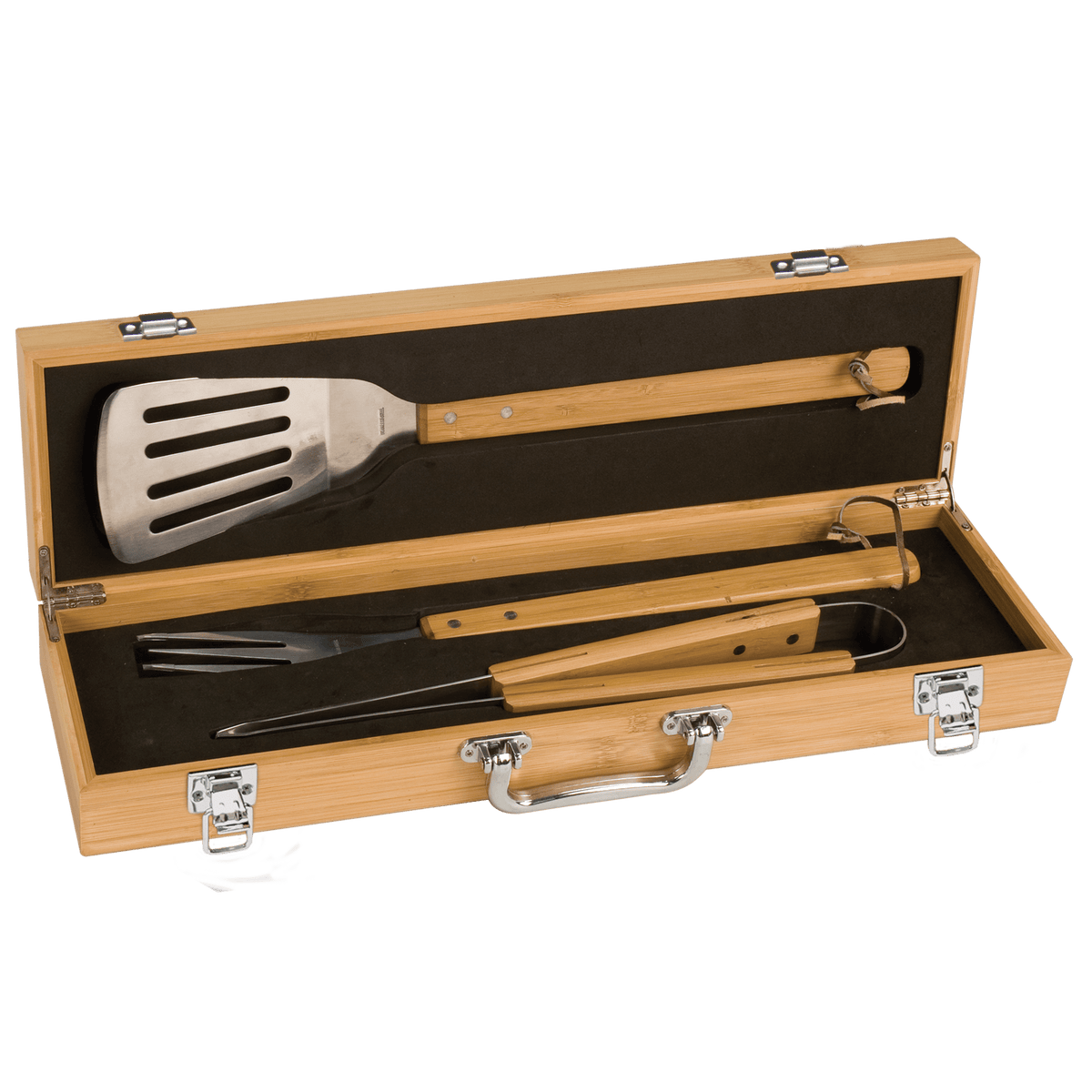 Personalized 3-piece bamboo BBQ grill tool set in engraved bamboo case