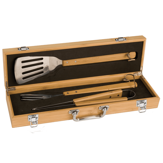 Personalized 3-piece bamboo BBQ grill tool set in engraved bamboo case