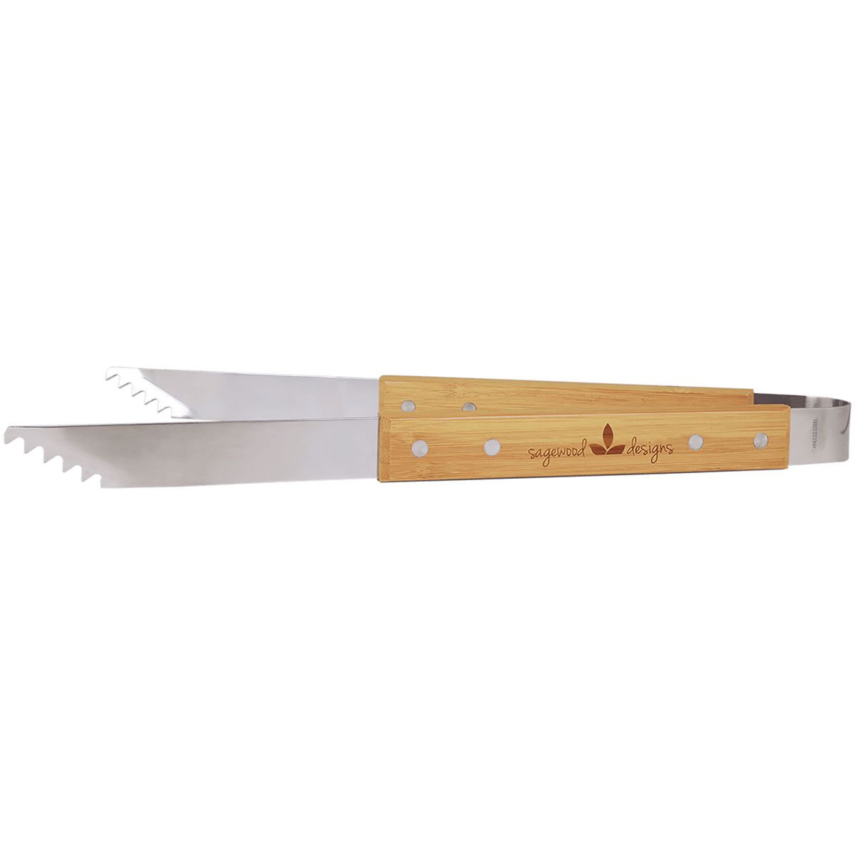 Personalized 14 inch stainless steel BBQ tongs with engraved bamboo handles