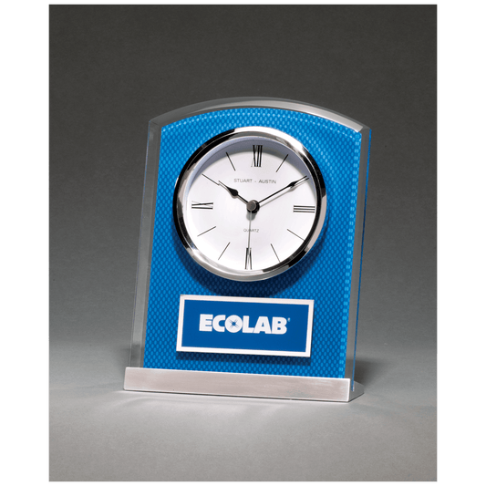 Glass clock with blue carbon fiber design on aluminum base