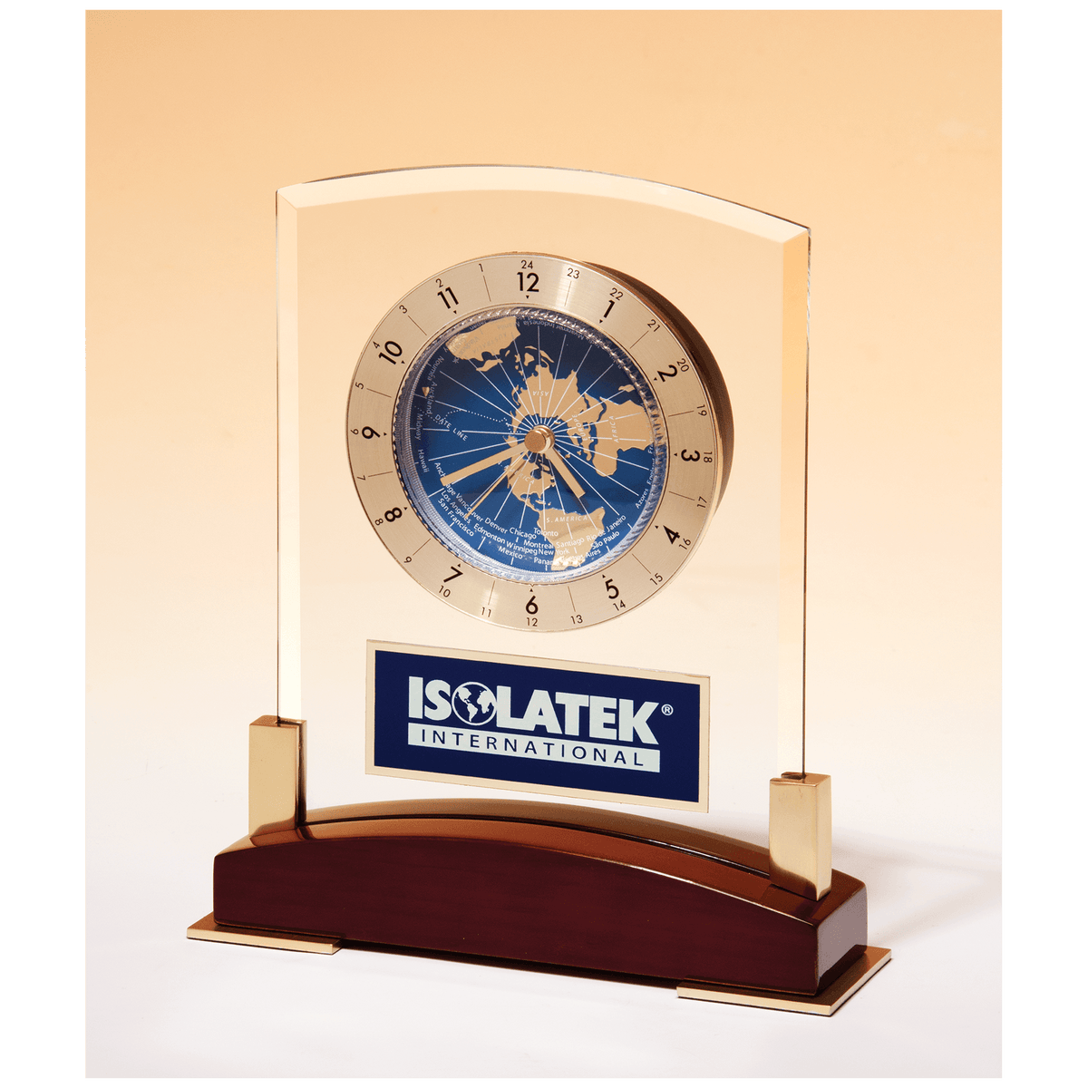 Glass world time desk clock on rosewood piano finish base