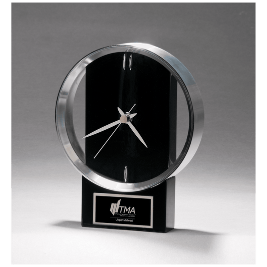 Modern design clock with brushed silver bezel on a black high gloss base
