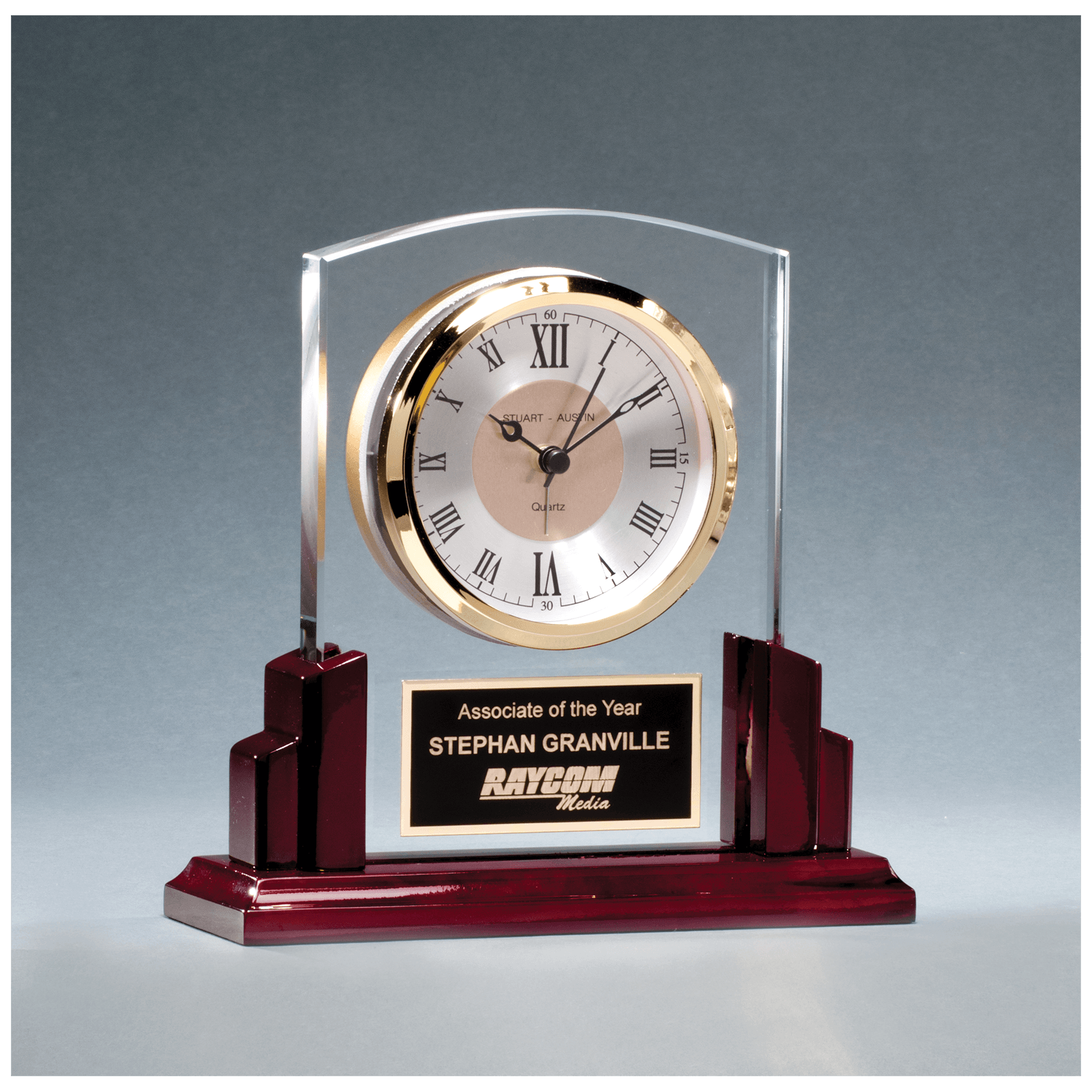 Glass clock with rosewood high gloss base