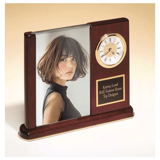 Rosewood piano finish desk clock with glass picture frame