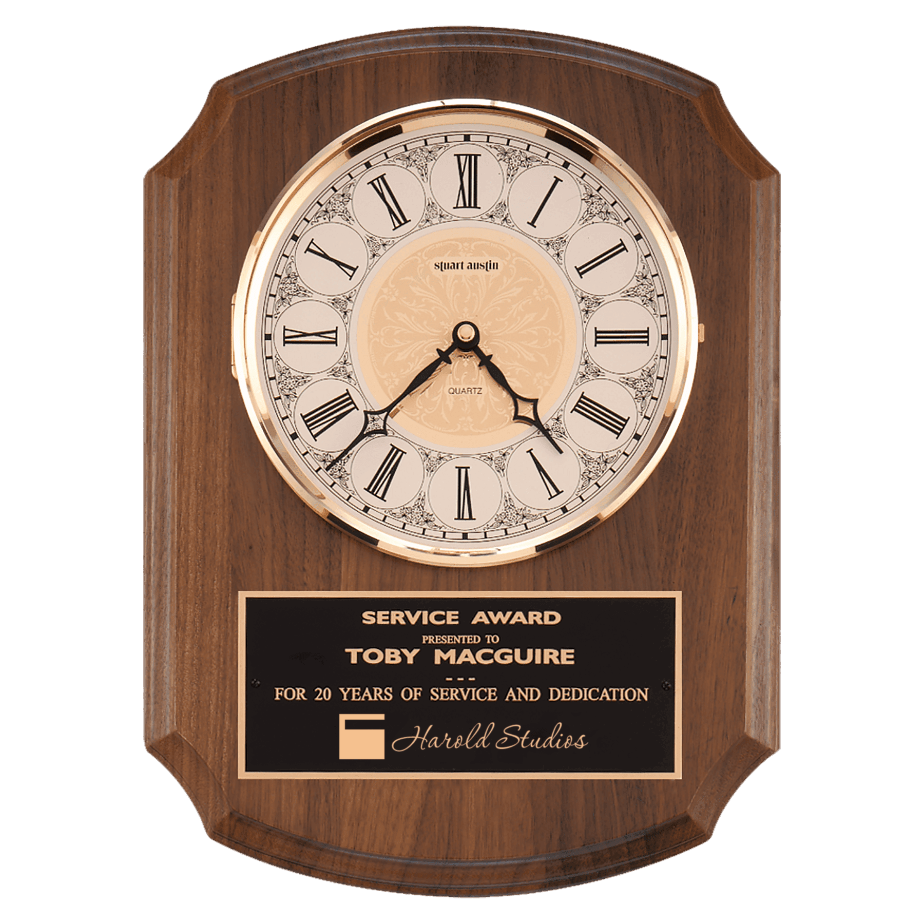 Walnut wall clock with brass diamond-spun bezel and ivory dial