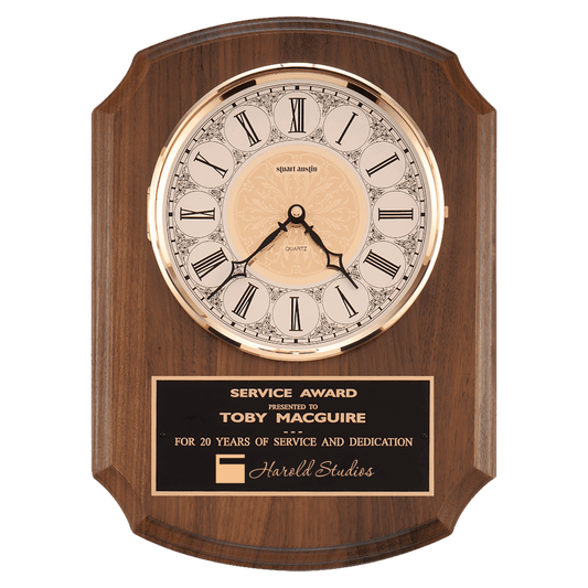Walnut wall clock with brass diamond-spun bezel and ivory dial