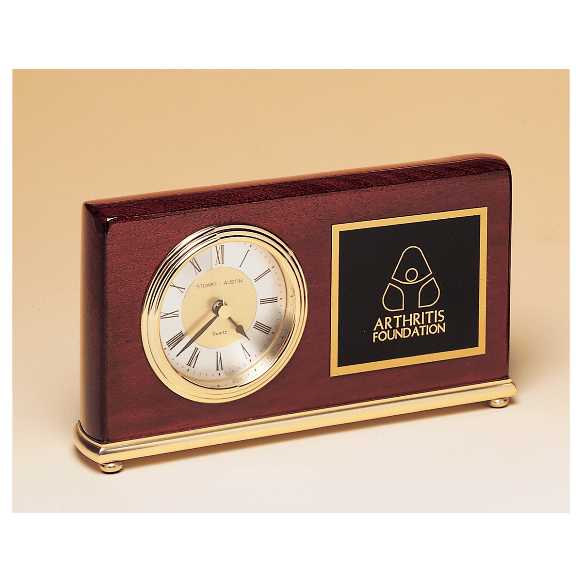 Rosewood piano finish desk clock with brass base and diamond spun dial