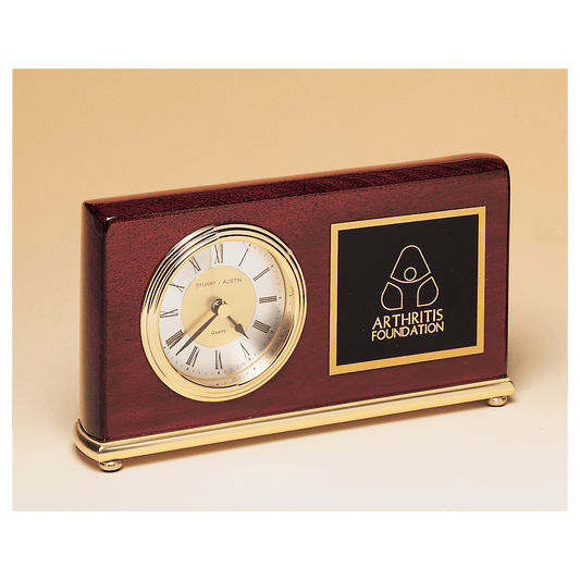 Rosewood piano finish desk clock with brass base and diamond spun dial