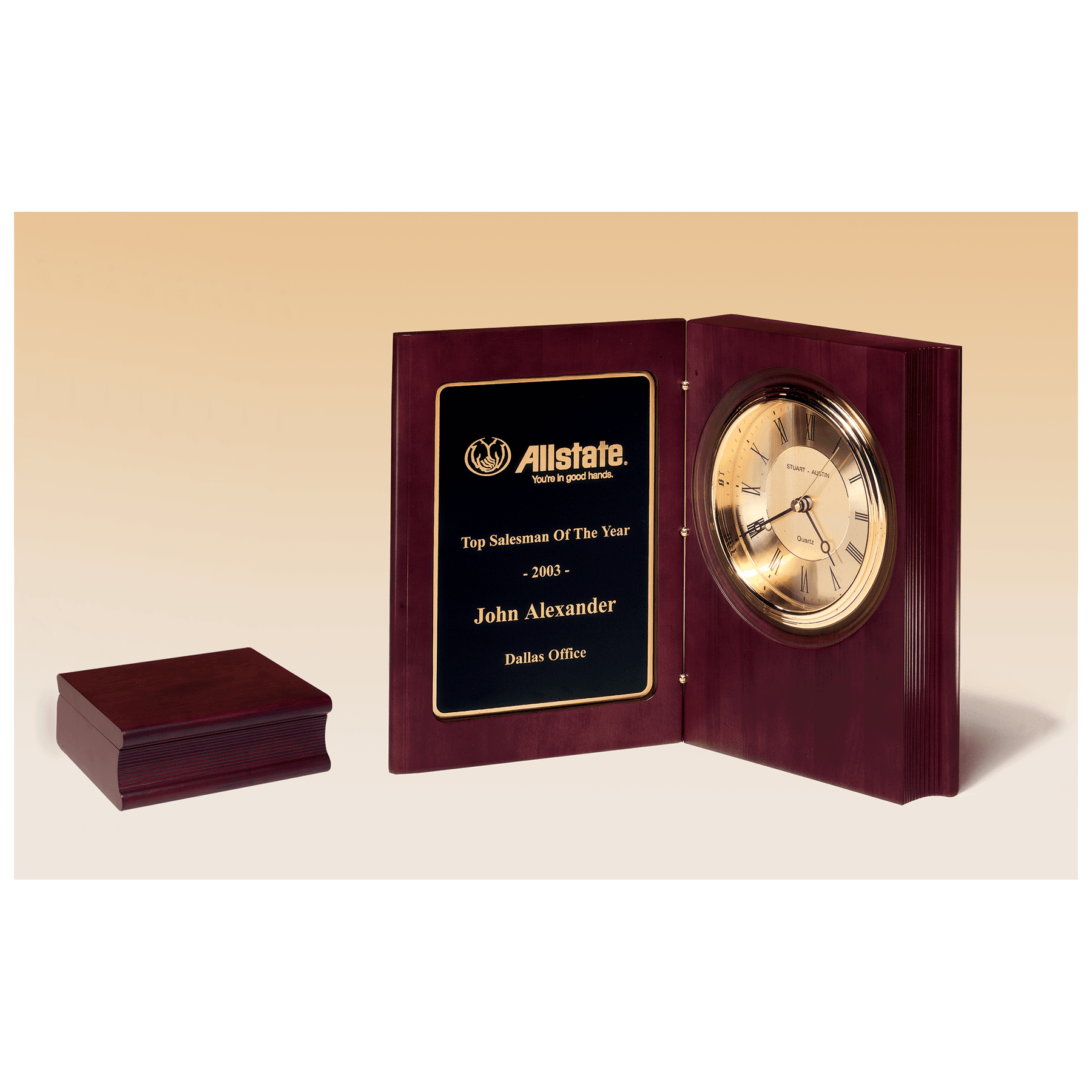 Large hand rubbed mahogany book clock with diamond spun dial