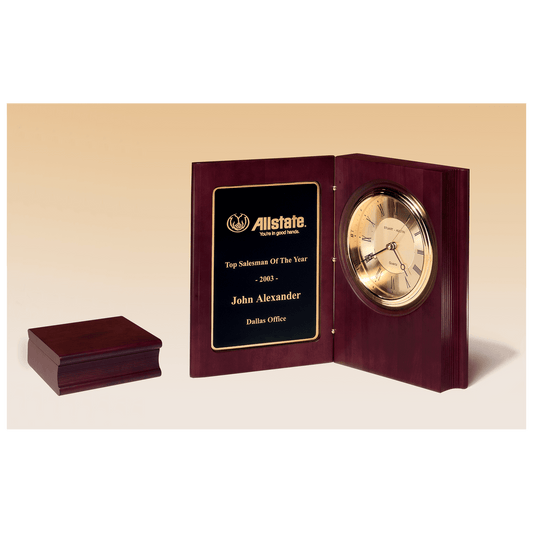 Large hand rubbed mahogany book clock with diamond spun dial