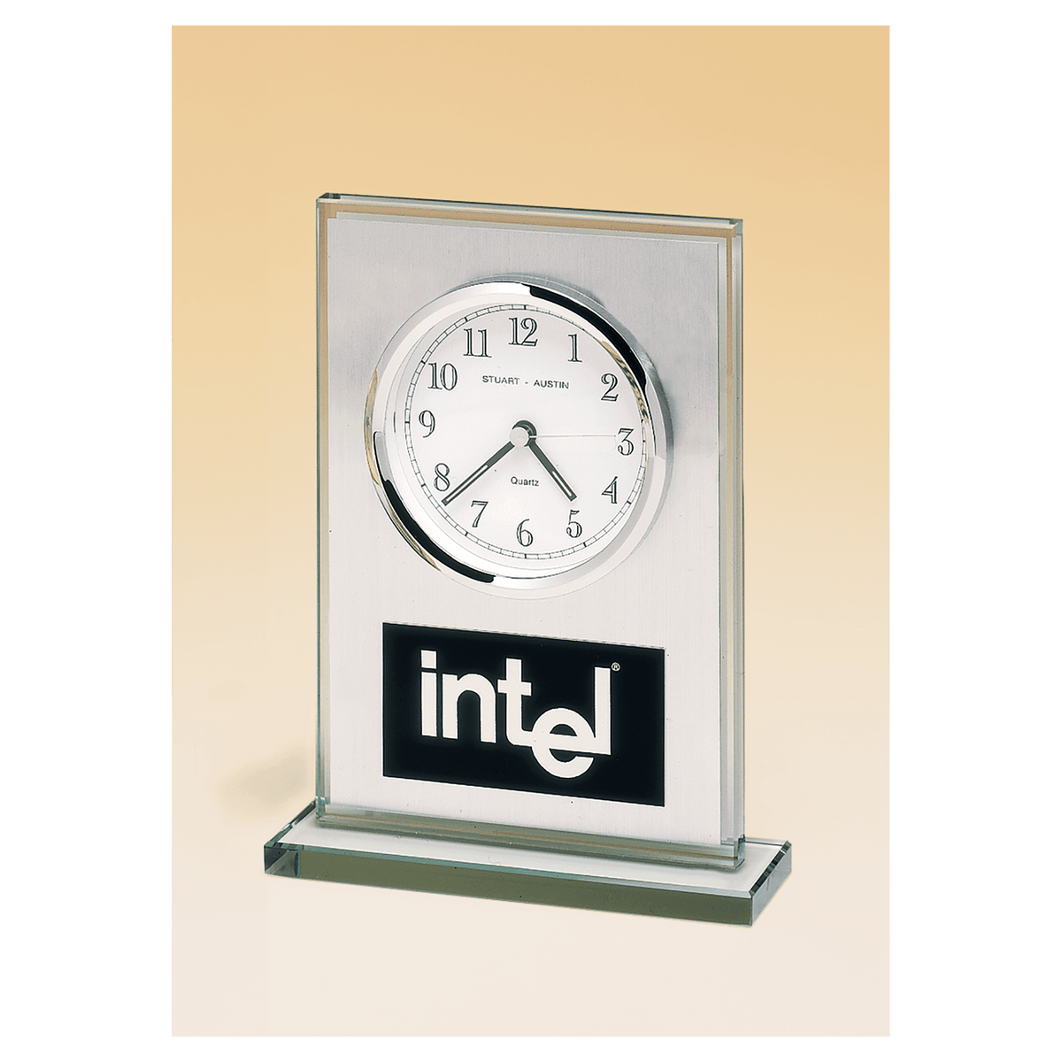 Glass clock with brushed aluminum panel and white dial