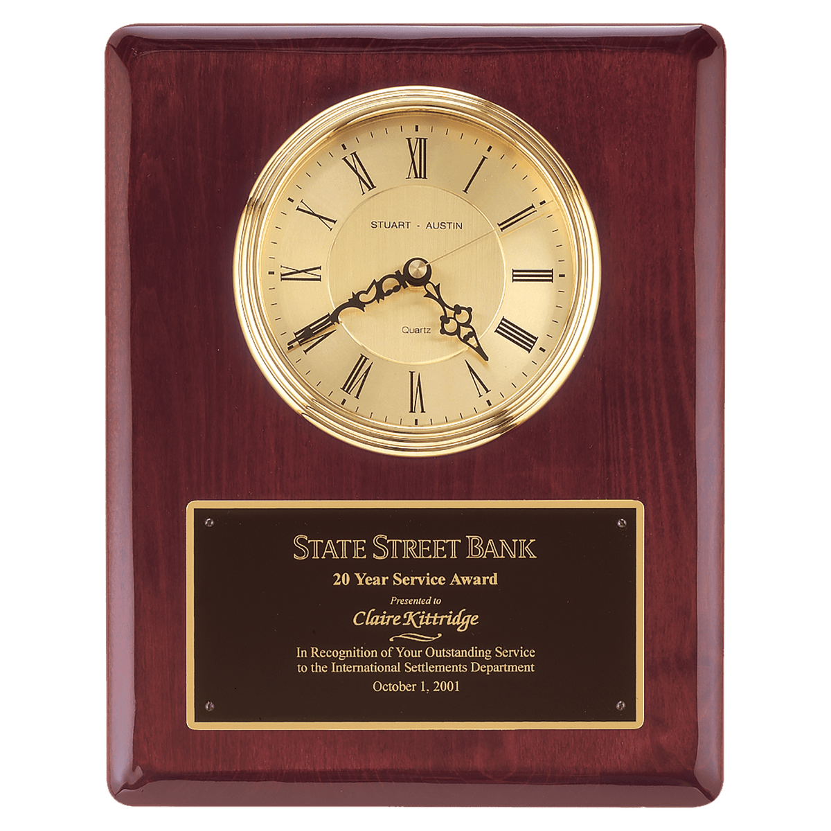 Rosewood piano finish wall clock with waterfall bezel, glass lens and gold dial