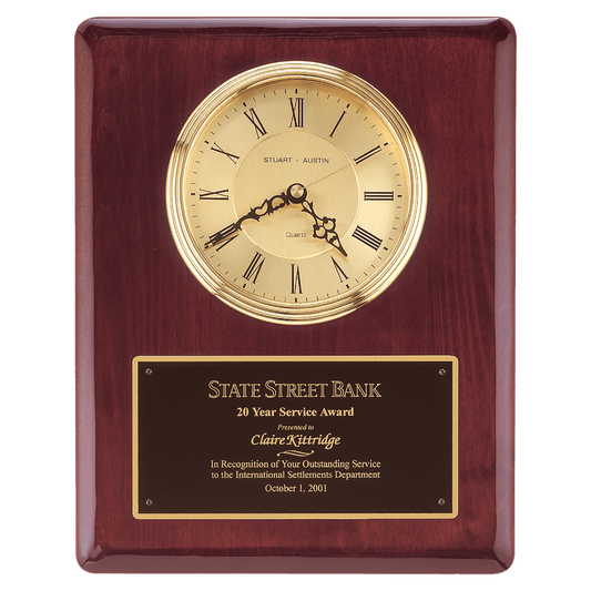 Rosewood piano finish wall clock with waterfall bezel, glass lens and gold dial