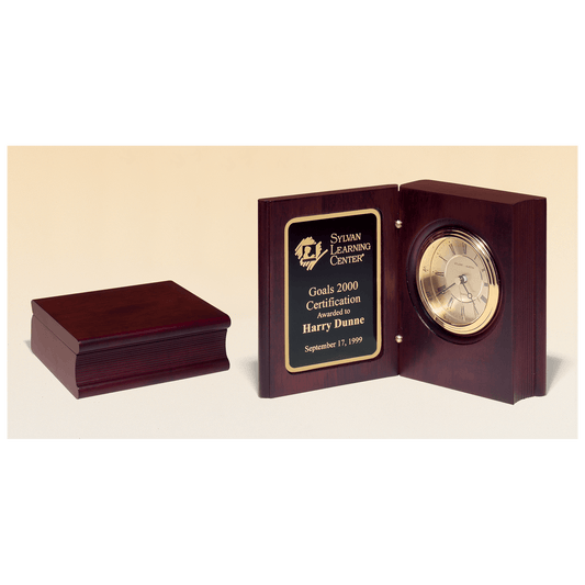 Hand rubbed mahogany book clock with gold spun dial and three hand movement