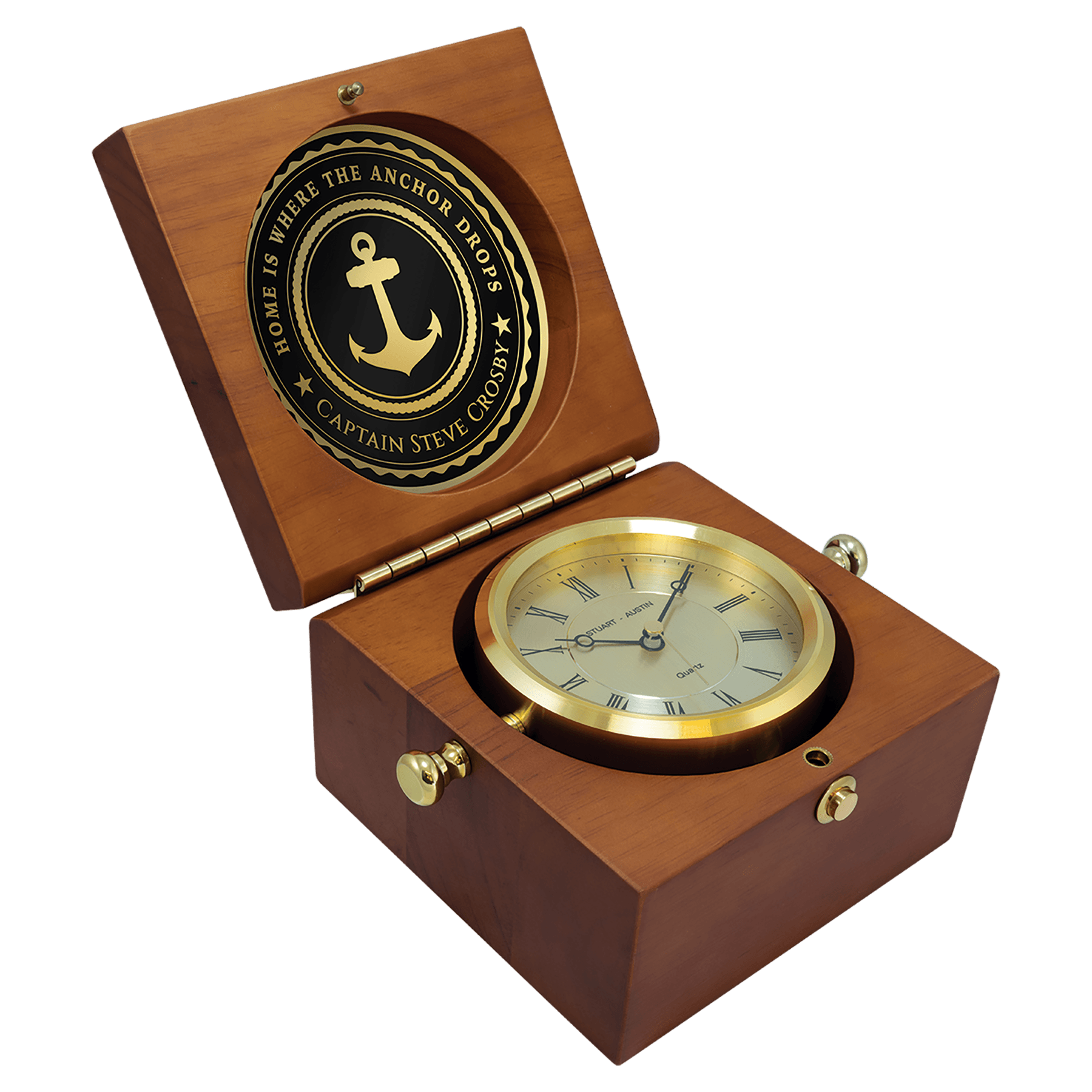 Captain's clock with hand rubbed mahogany finish case and solid brass housing