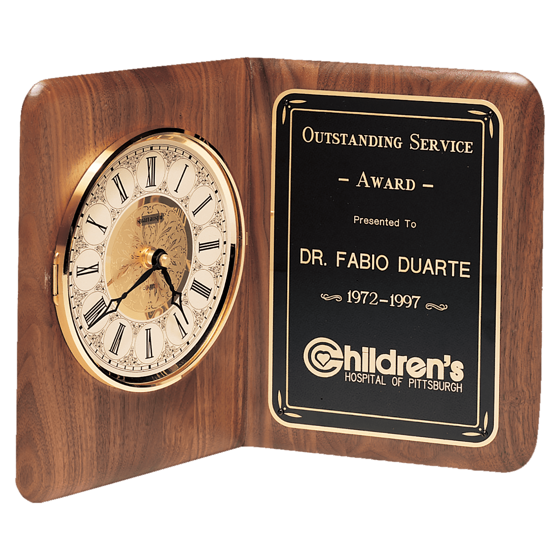 Genuine walnut book clock with brass diamond spun bezel, glass lens, and ivory dial