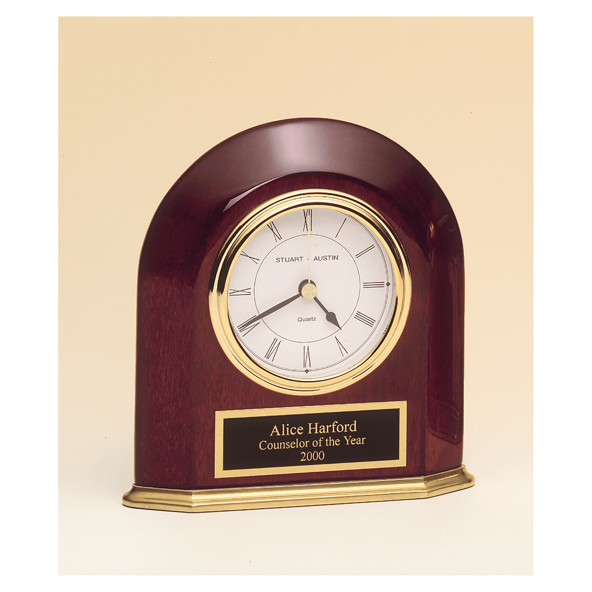 Rosewood piano finish arched table clock with solid brass base