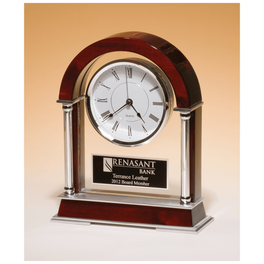 Rosewood piano finish mantle clock with chrome plated posts and silver aluminum accents