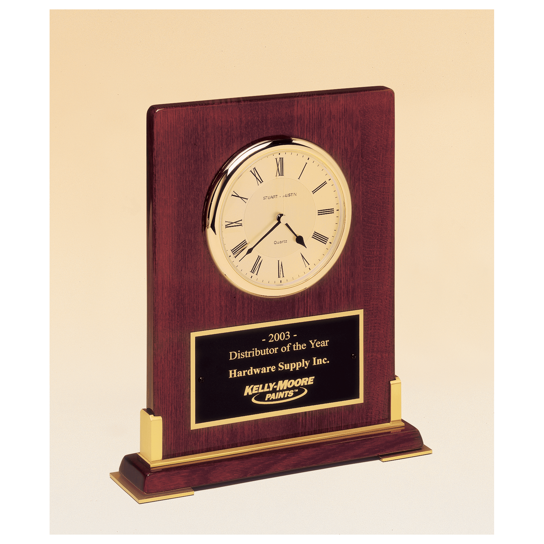 Desktop clock, rosewood piano finish wood with gold metal accents