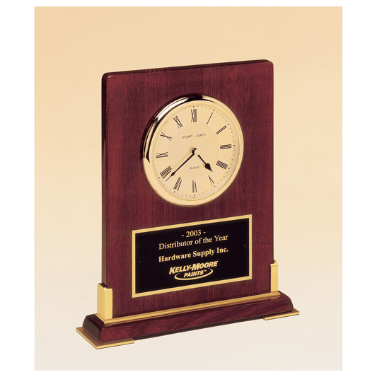 Desktop clock, rosewood piano finish wood with gold metal accents