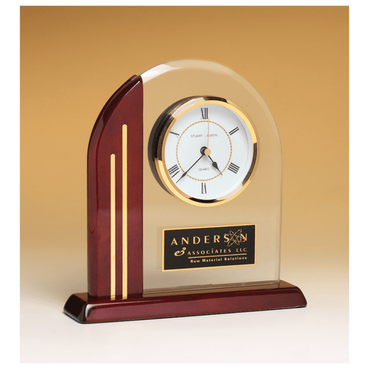 Arch desk clock with glass upright and rosewood piano finish post and base