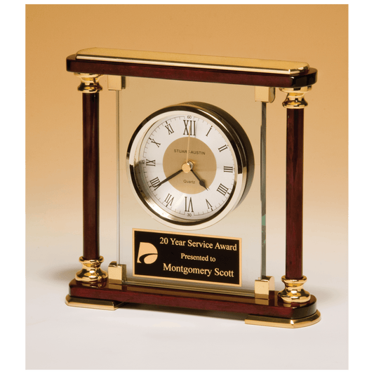 Glass and rosewood piano finish clock with gold metal accents