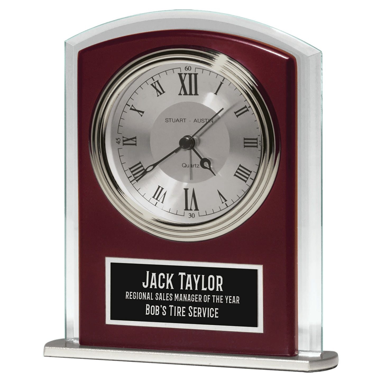Beveled glass clock with wood accent, silver bezel and dial