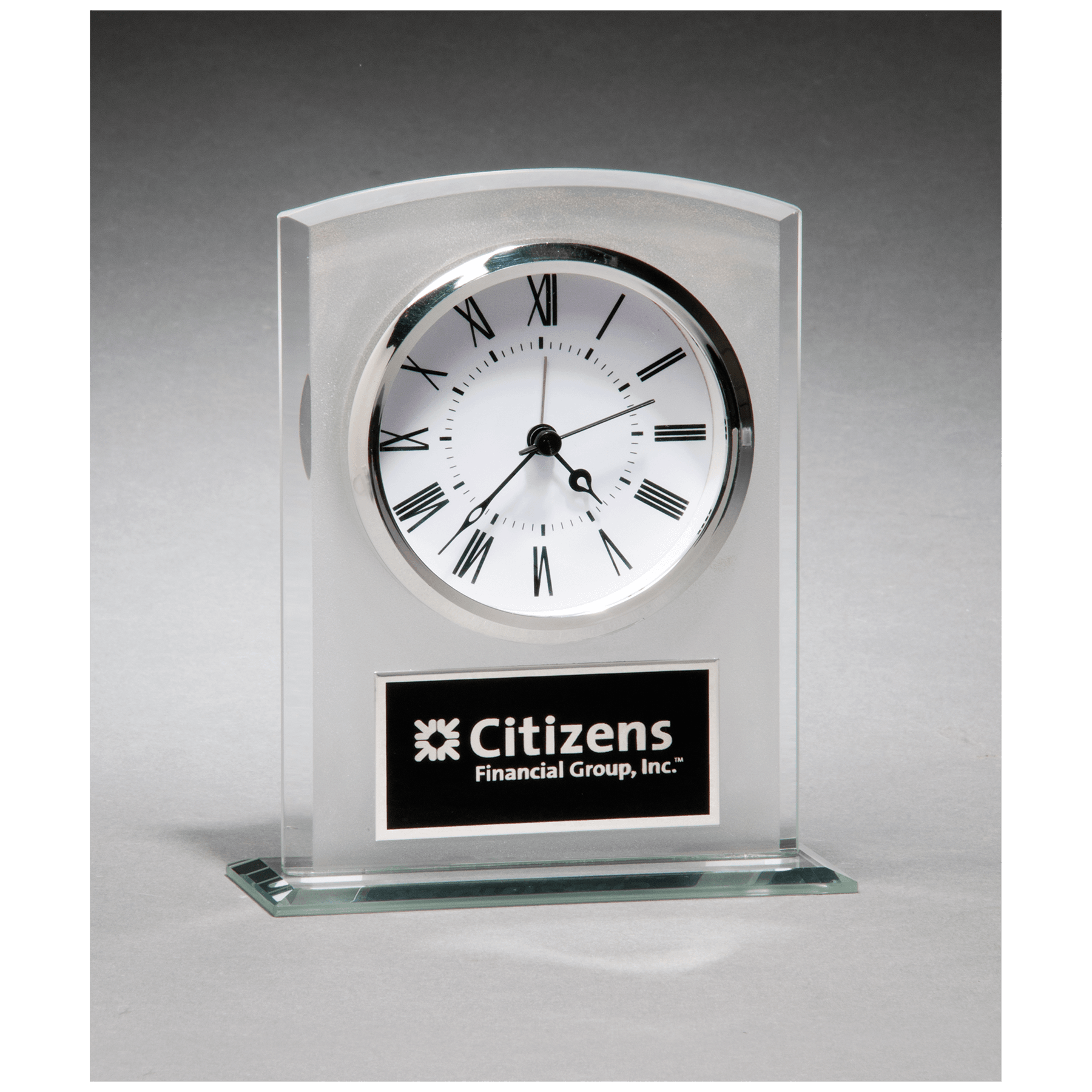 Glass clock with frosted top, polished edges and base