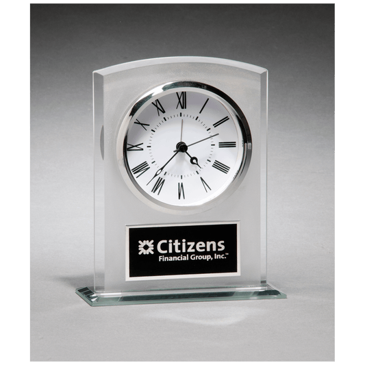Glass clock with frosted top, polished edges and base