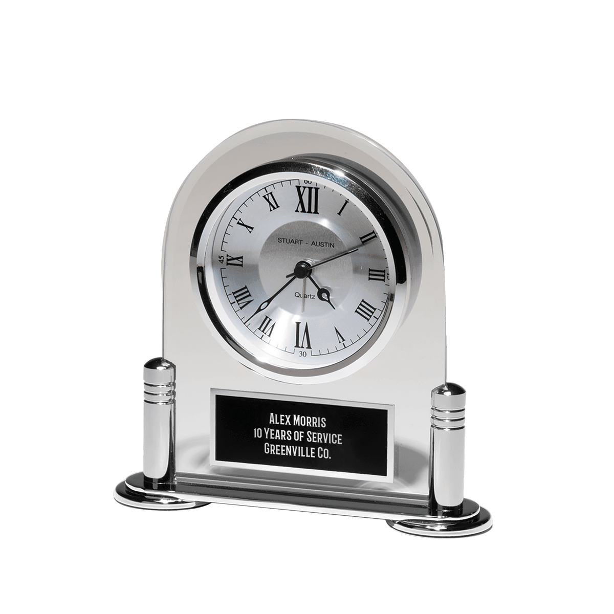 Desk clock with beveled glass upright and silver metal base