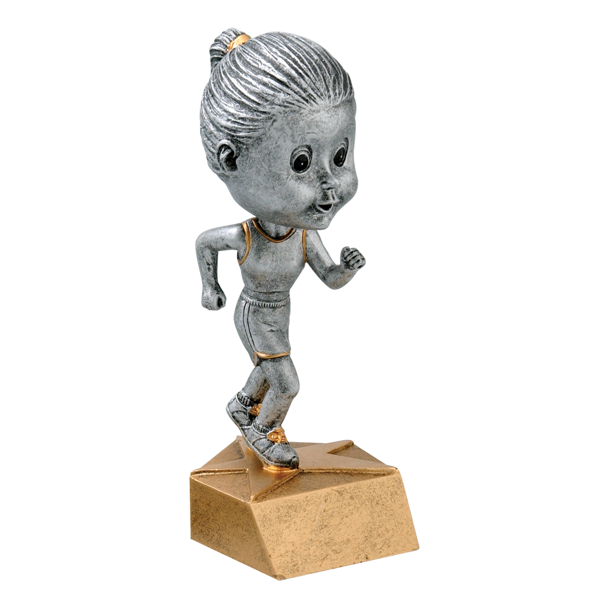 Track bobblehead trophy with a silver young female runner in mid-stride on a tan base