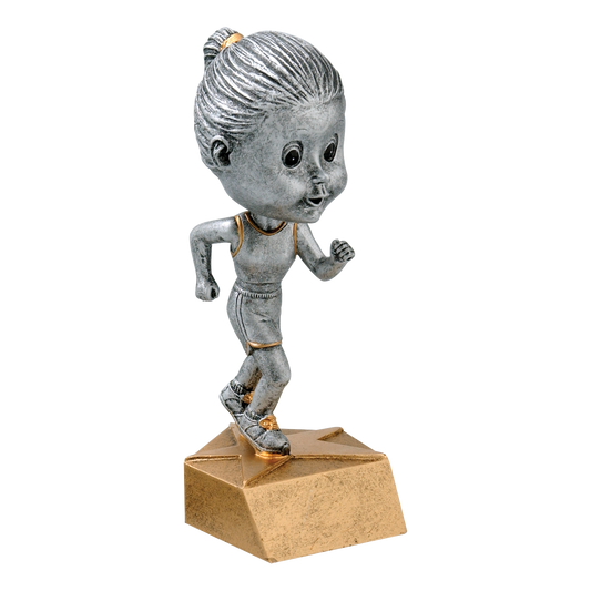 Track bobblehead trophy with a silver young female runner in mid-stride on a tan base