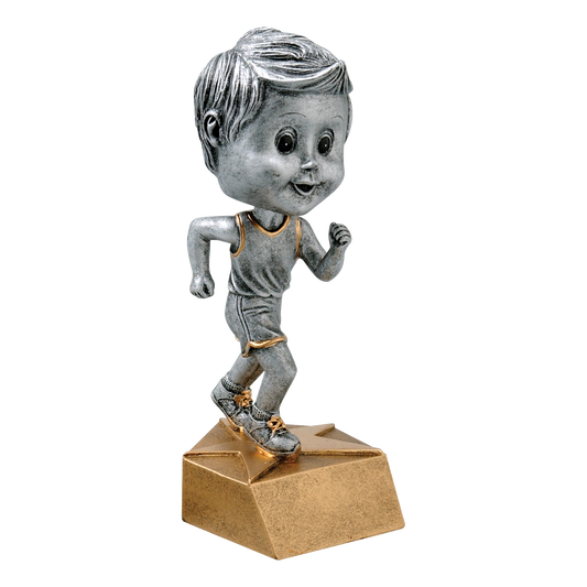 Track bobblehead trophy with a silver young male runner in mid-stride on a tan base