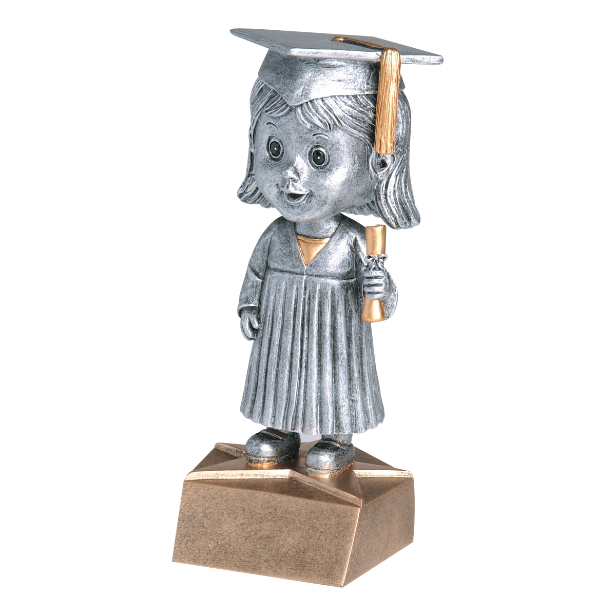 Graduate bobblehead trophy with a silver female graduate in cap and gown holding a diploma