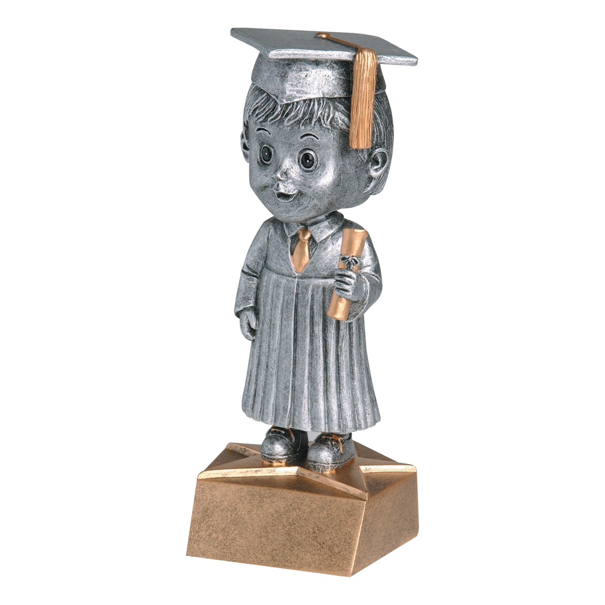 Graduate bobblehead trophy with a silver male graduate in cap and gown holding a diploma
