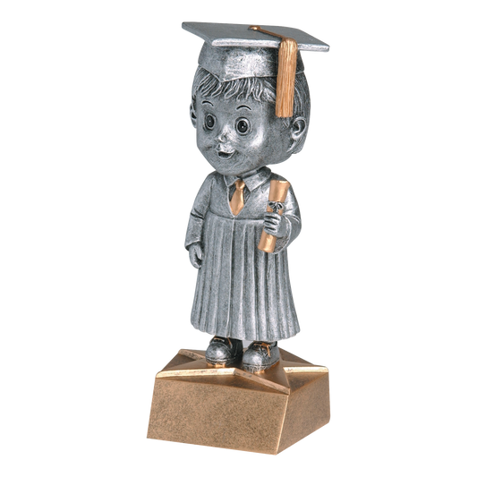 Graduate bobblehead trophy with a silver male graduate in cap and gown holding a diploma