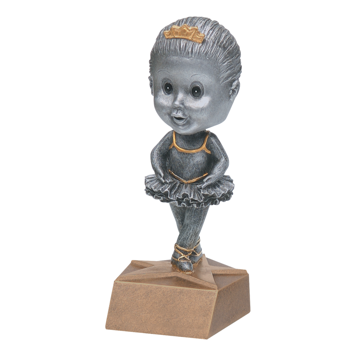 Ballerina bobblehead trophy with a silver young dancer in a tutu and tiara on pointe
