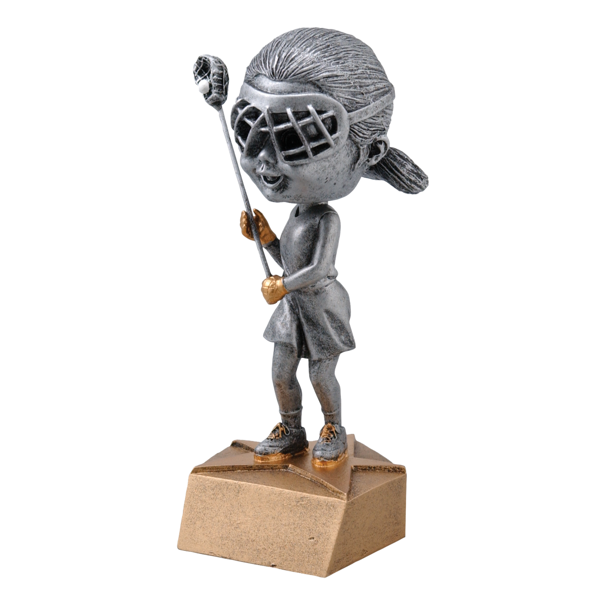 Lacrosse bobblehead trophy with a silver young female player holding a stick on a tan base