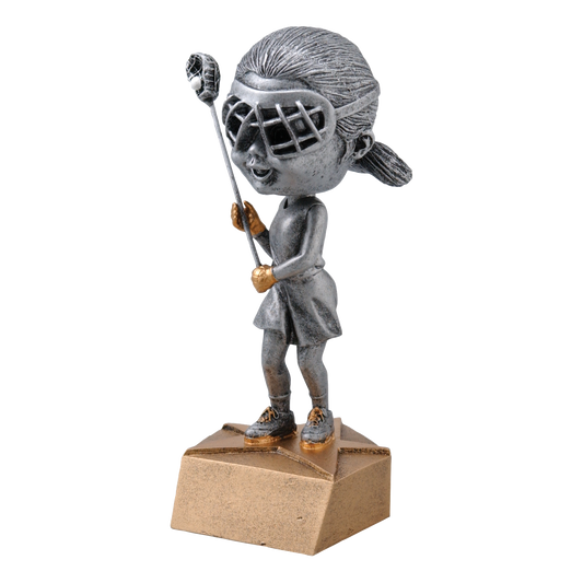 Lacrosse bobblehead trophy with a silver young female player holding a stick on a tan base
