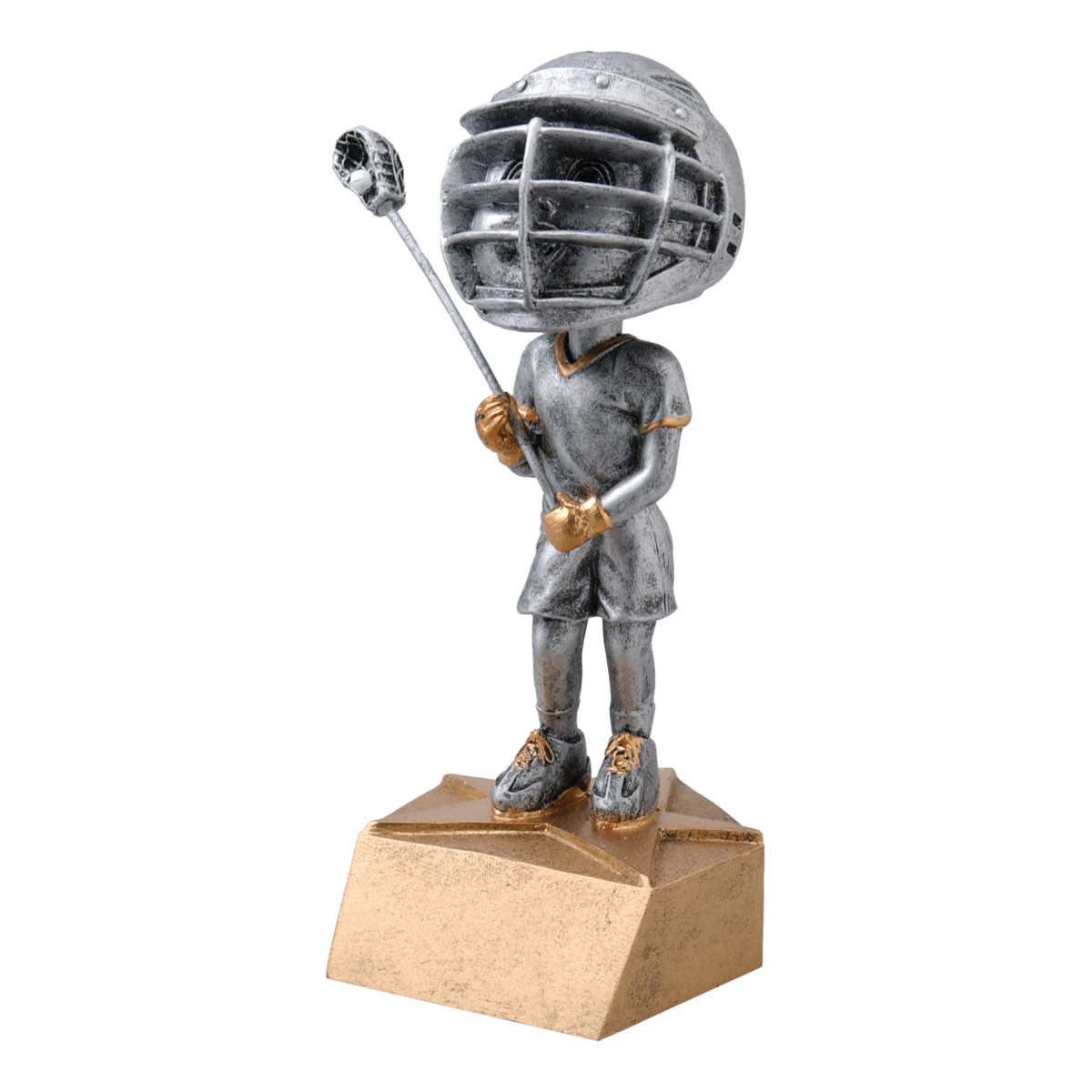 Lacrosse bobblehead trophy with a silver young male player holding a stick on a tan base