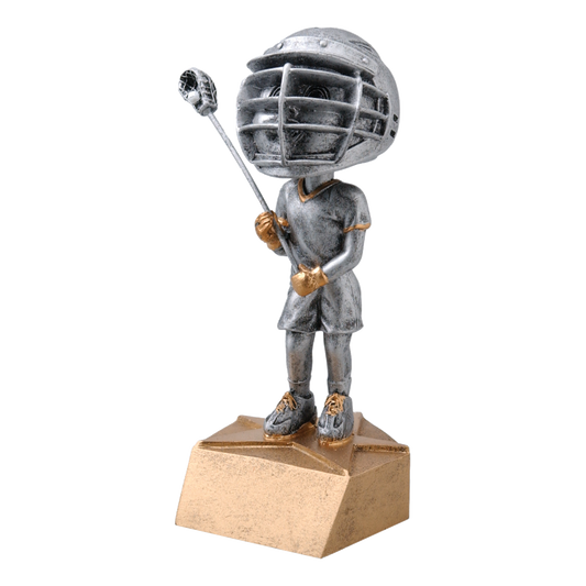 Lacrosse bobblehead trophy with a silver young male player holding a stick on a tan base